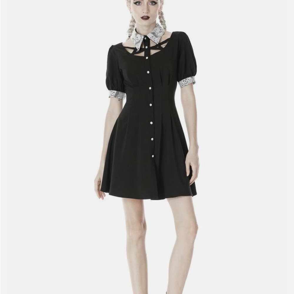 Dark in Love black dress with white lace skull collared dress